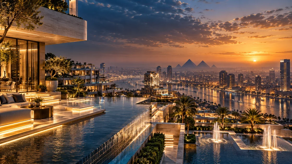 Conceptual luxury terrace at dusk overlooking an imagined Egyptian city