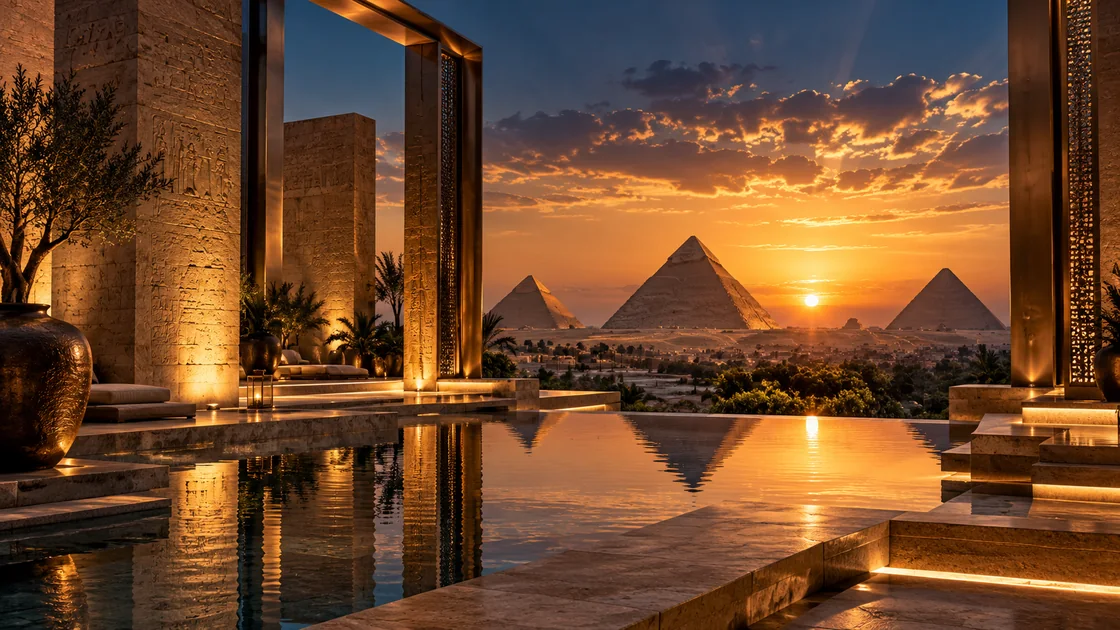 Imagined architectural terrace facing the pyramids at sunset